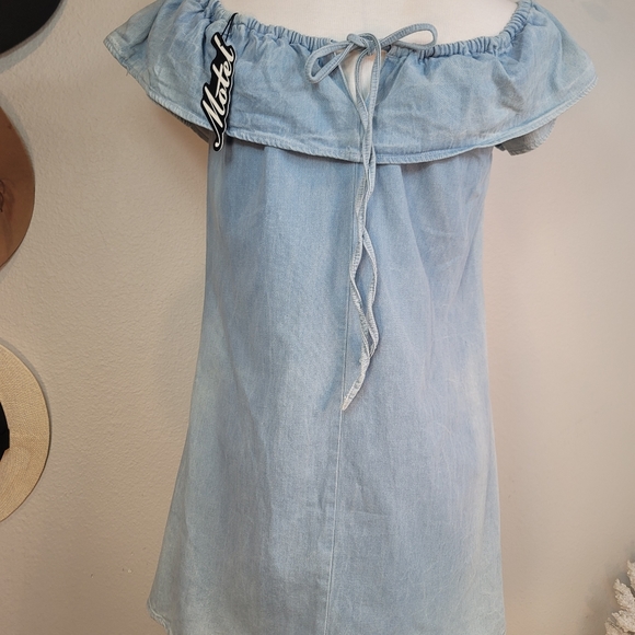 MOTEL ROCKES REVOLVE MINI DENIM OFF SHOULDER DRESS SMALL - Picture 12 of 16